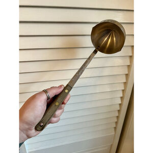 1940's-1980's Vintage Wooden Handle Brass Rivets Stainless Steel Robinson Ladle
